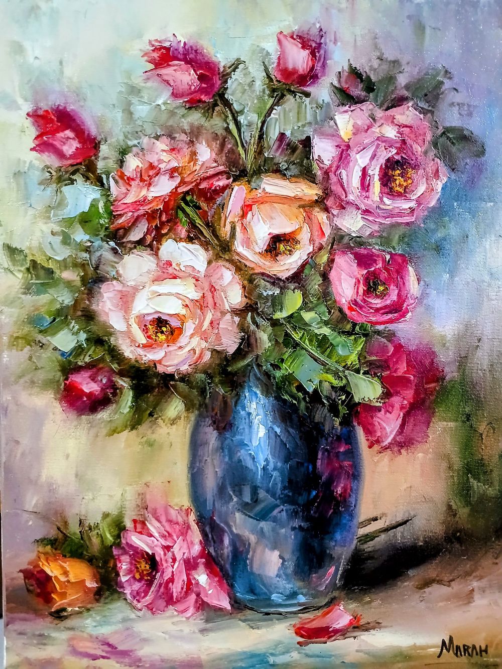 Quadro original "Harmonia das Rosas" — Florais, Óleo sobre tela, 30 x 40 cm, pintado à mão por Marah Silva