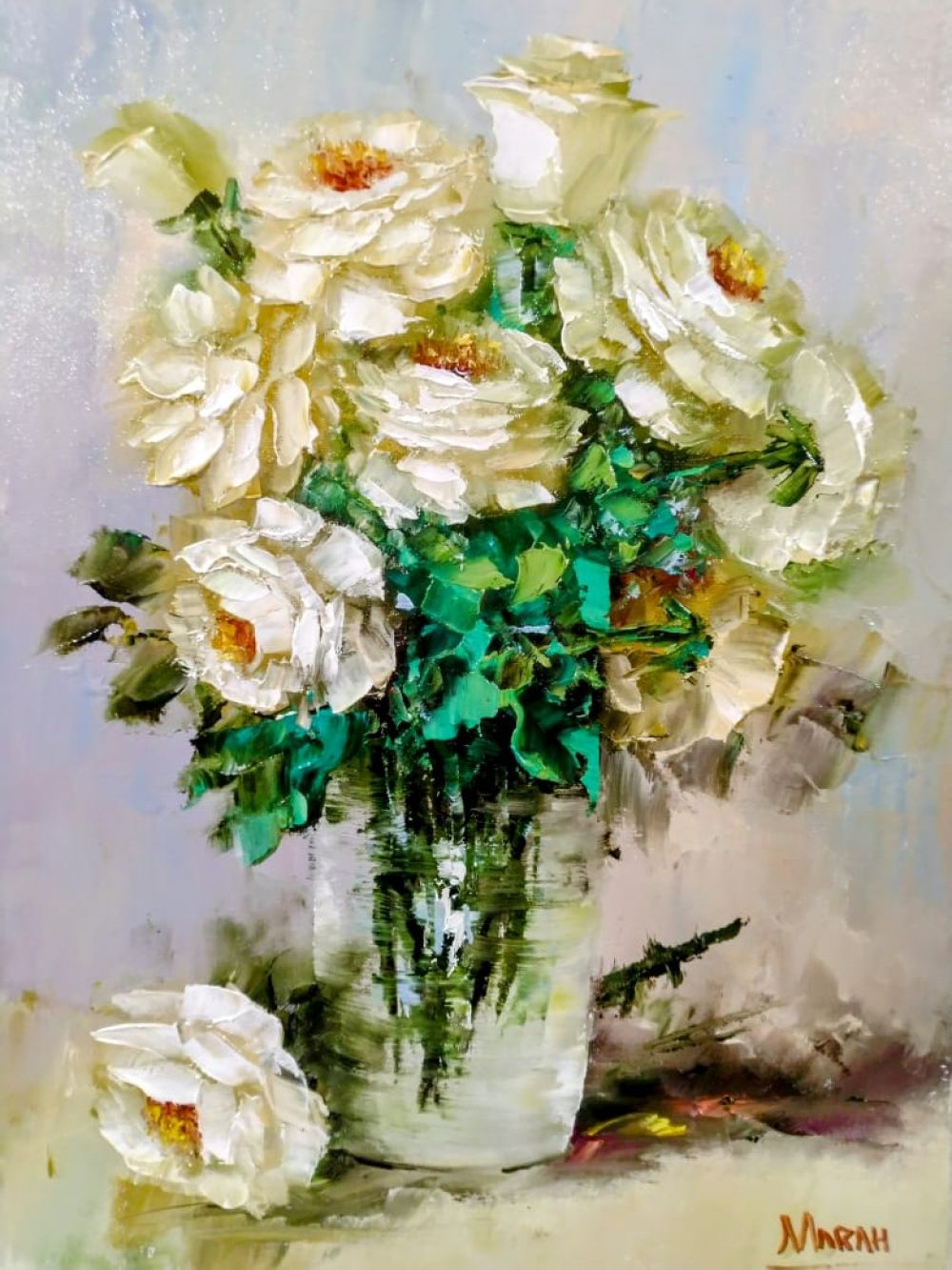 Quadro original "Rosas brancas" — Florais, Óleo sobre tela, 30 x 40 cm, pintado à mão por Marah Silva