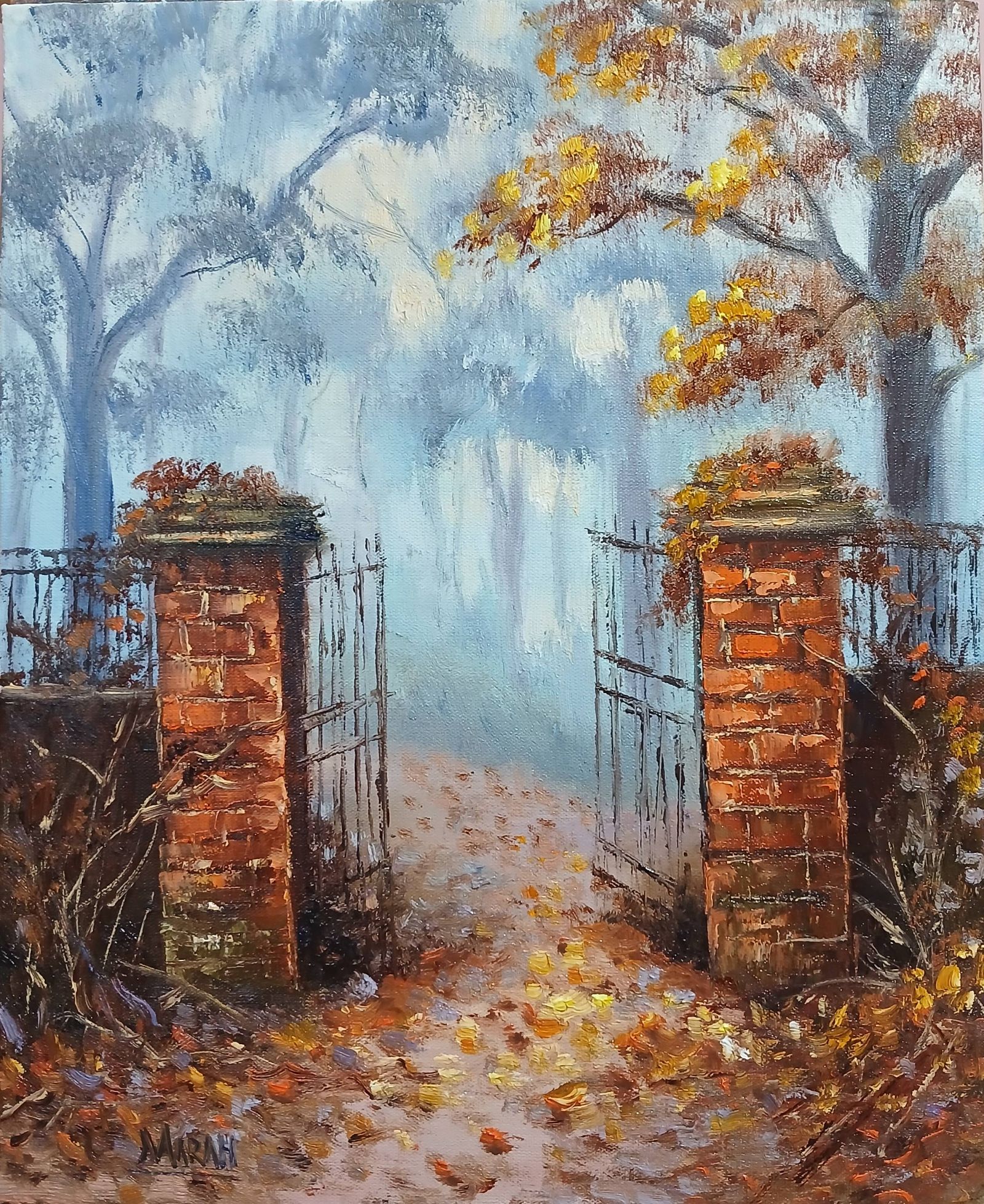 Quadro original "Portal para o Outono" — Impressionismo, Óleo sobre tela, 24 x 30 cm, pintado à mão por Marah Silva