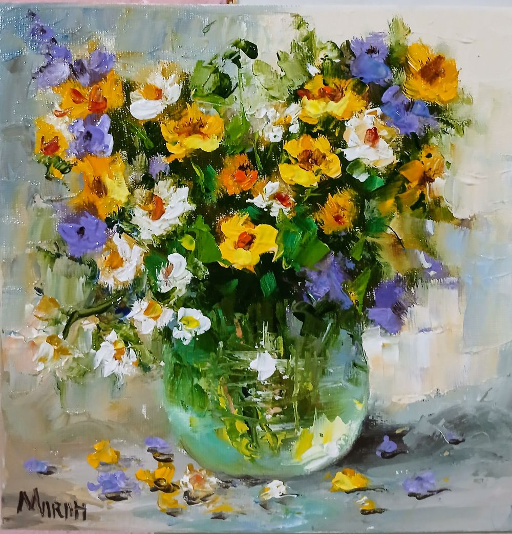 Quadro original "Verão em Flores" — Florais, Óleo sobre tela, 20 x 20 cm, pintado à mão por Marah Silva