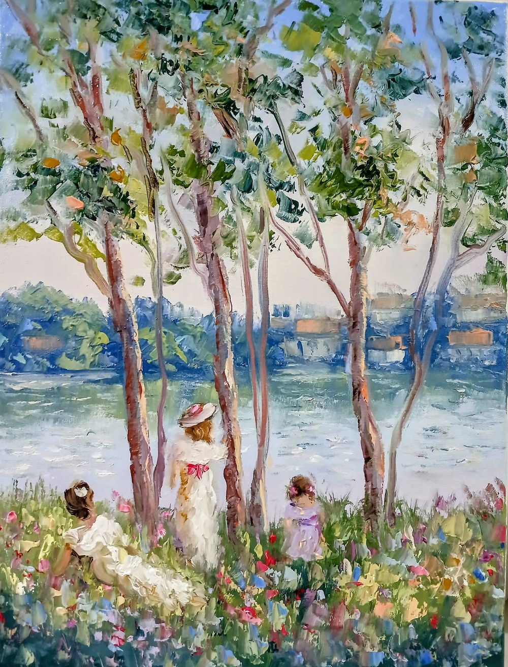 Quadro original "Descanso na beira do lago" — Impressionismo, Óleo sobre tela, 30 x 40 cm, pintado à mão por Marah Silva