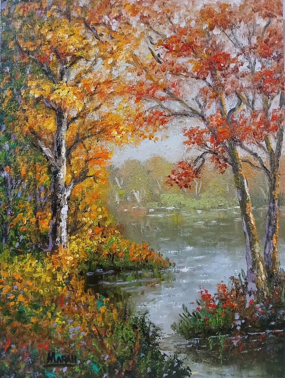 Quadro original "Crepúsculo Flamejante" — Paisagens, Óleo sobre tela, 30 x 40 cm, pintado à mão por Marah Silva