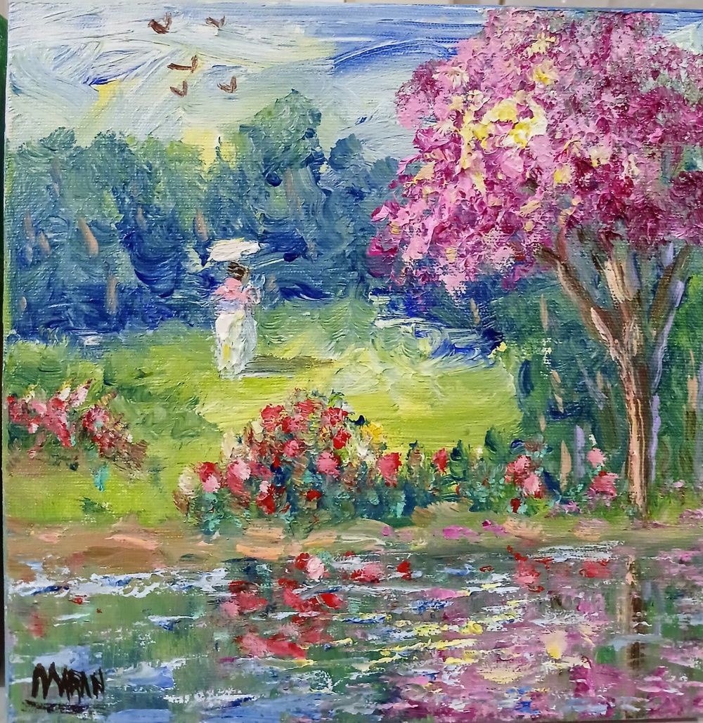Quadro original "À Beira do Lago" — Impressionismo, Óleo sobre tela, 20 x 20 cm, pintado à mão por Marah Silva