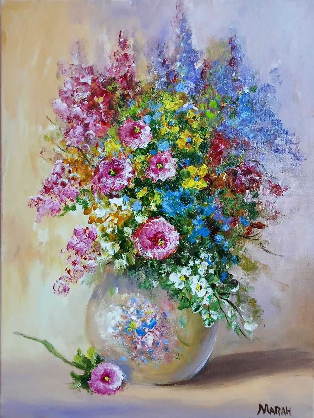 Quadro original "Flores do campo num vaso" — Florais, Óleo sobre tela, 30 x 40 cm, pintado à mão por Marah Silva