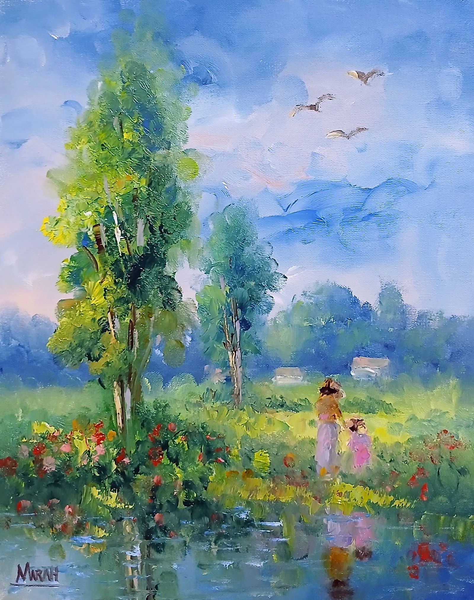 Quadro original "Jardim à Beira D'Água" — Impressionismo, A óleo sobre tela, 24 x 30 cm, pintado à mão por Marah Silva