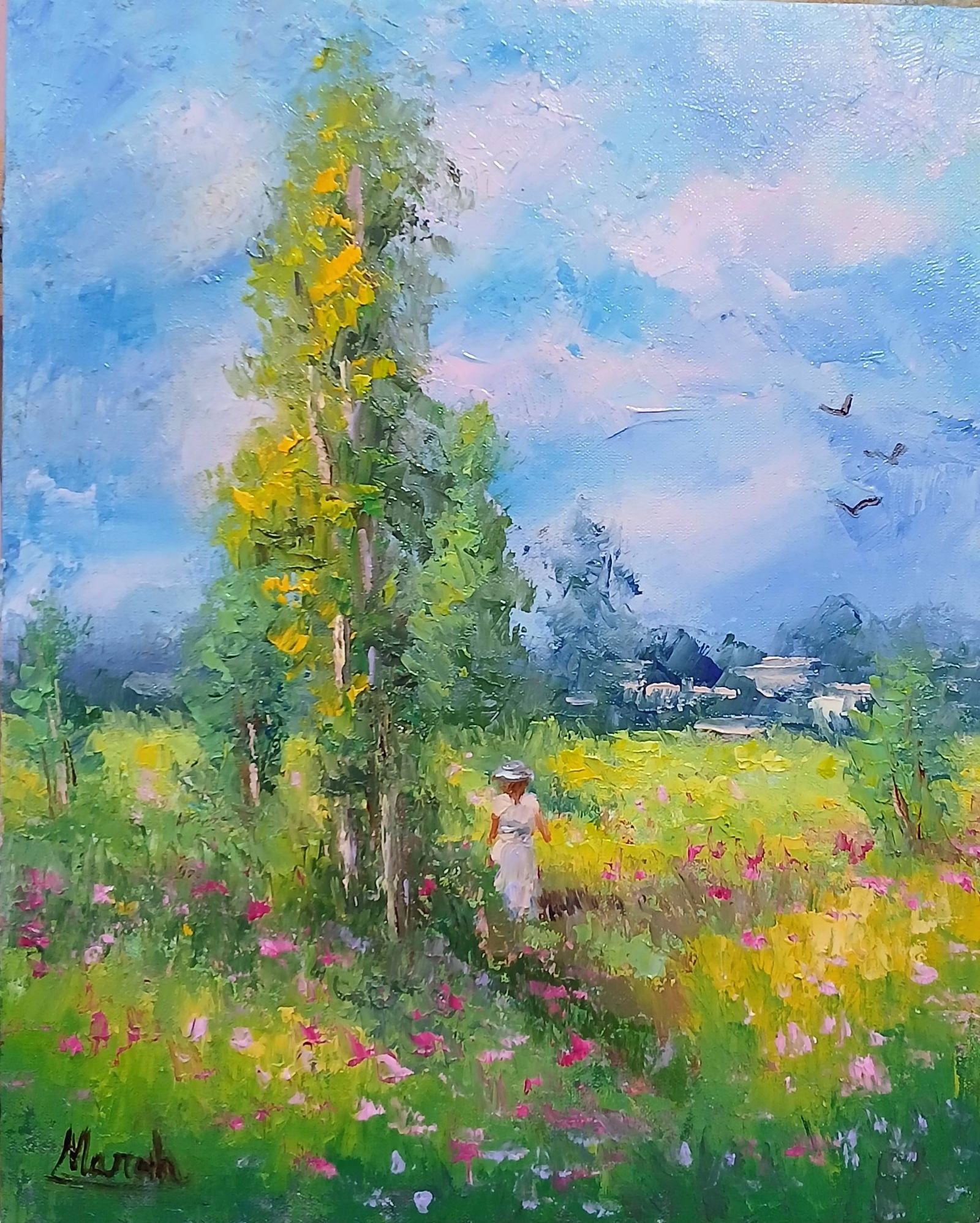 Quadro original "Caminho Campestre Iluminado" — Impressionismo, Espatulado a óleo sobre tela, 24 x 30 cm, pintado à mão por Marah Silva