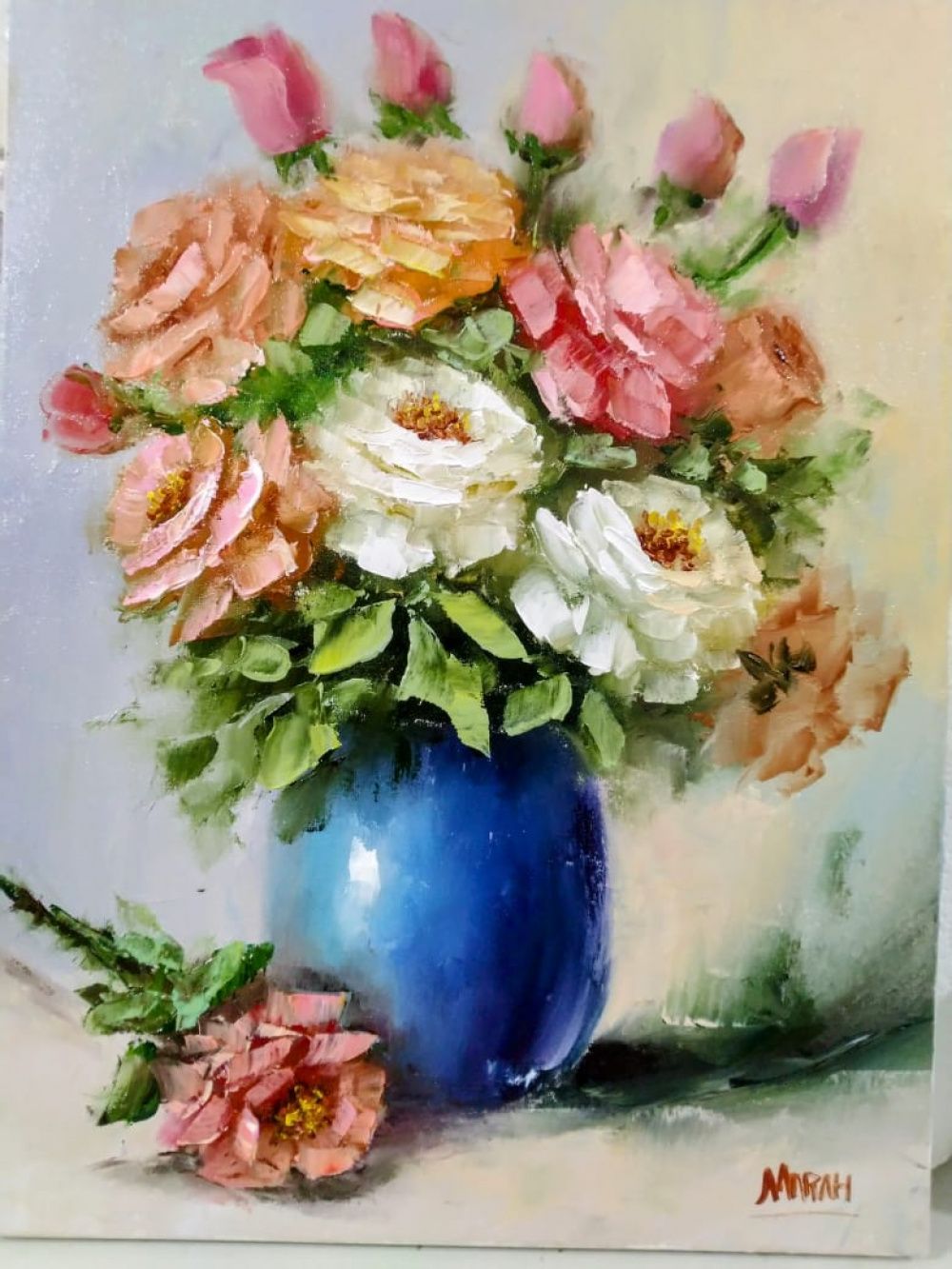 Quadro original "Rosas no vaso azul" — Florais, Óleo sobre tela, 30 x 40 cm, pintado à mão por Marah Silva