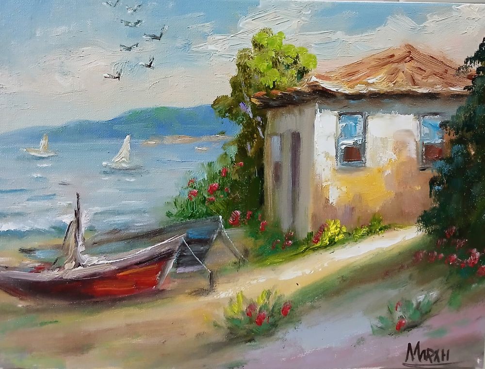 Quadro original "Memórias da Beira-mar" — Paisagens, Óleo sobre tela, 16 x 24 cm, pintado à mão por Marah Silva