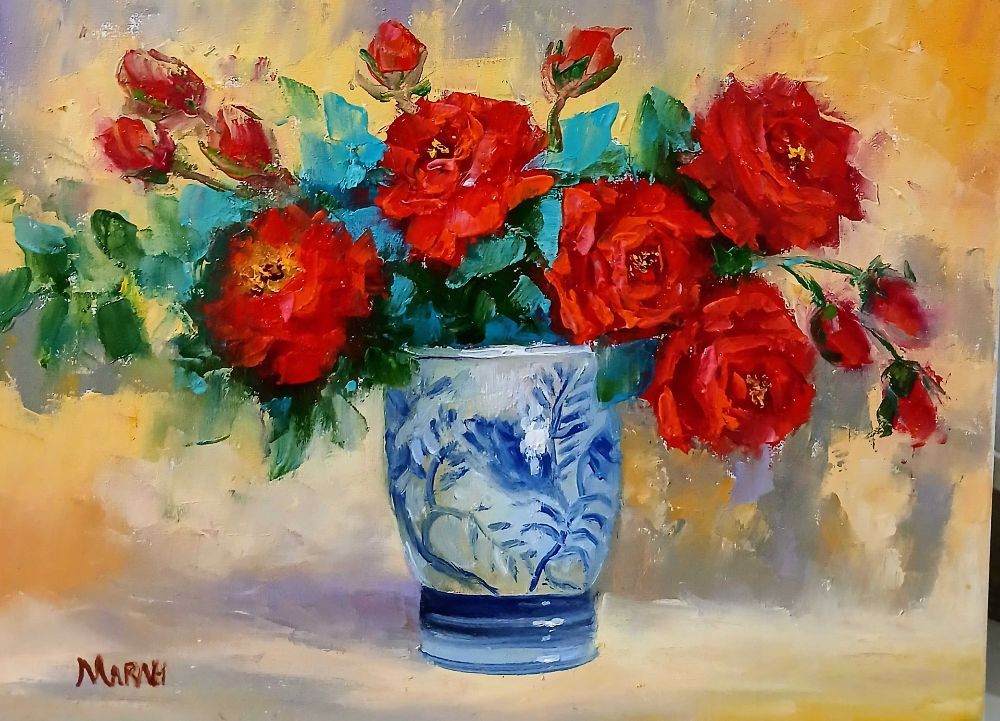 Quadro original "Rosas vermelhas II" — Florais, Óleo sobre tela, 40 x 30 cm, pintado à mão por Marah Silva