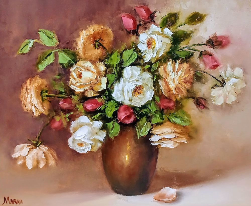 Quadro original "Rosas num vaso de cobre II" — Florais, Óleo sobre tela, 50 x 40 cm, pintado à mão por Marah Silva