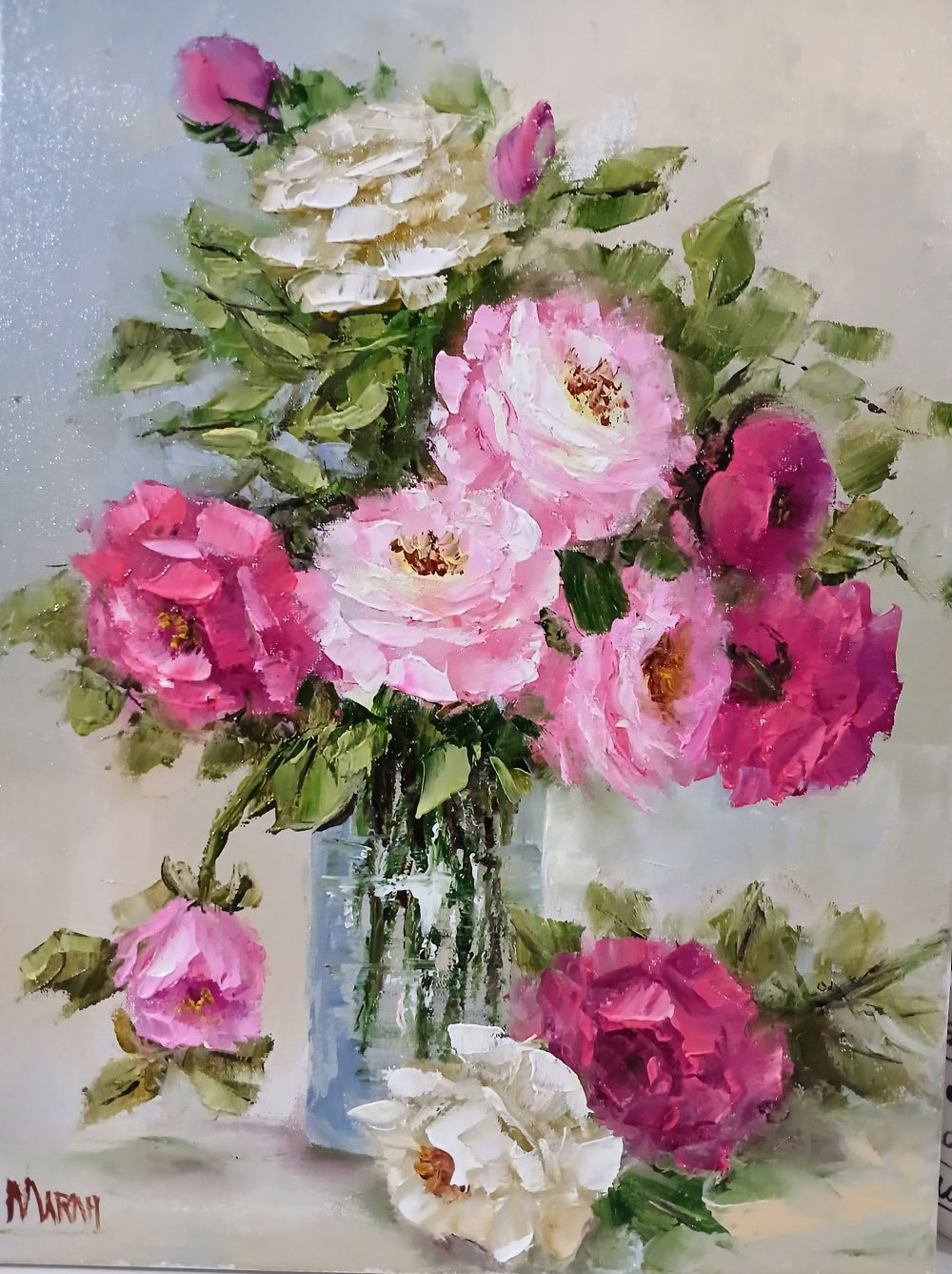 Quadro original "Rosas sobre a mesa" — Florais, Óleo sobre tela, 30 x 40 cm, pintado à mão por Marah Silva