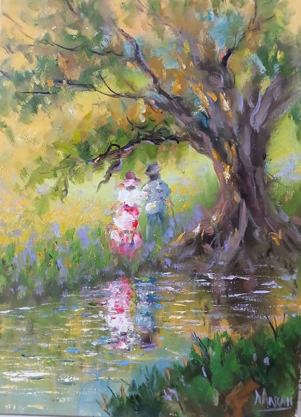 Quadro original "Encontro no Lago" — Impressionismo, Óleo sobre tela, 30 x 40 cm, pintado à mão por Marah Silva