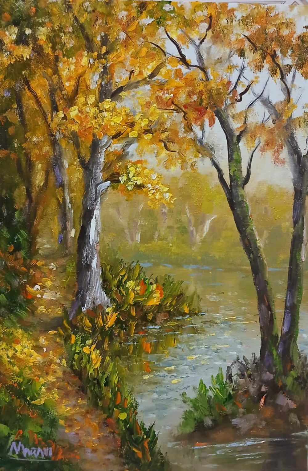 Quadro original "Reflexos do Outono" — Paisagens, Óleo sobre tela, 20 x 30 cm, pintado à mão por Marah Silva