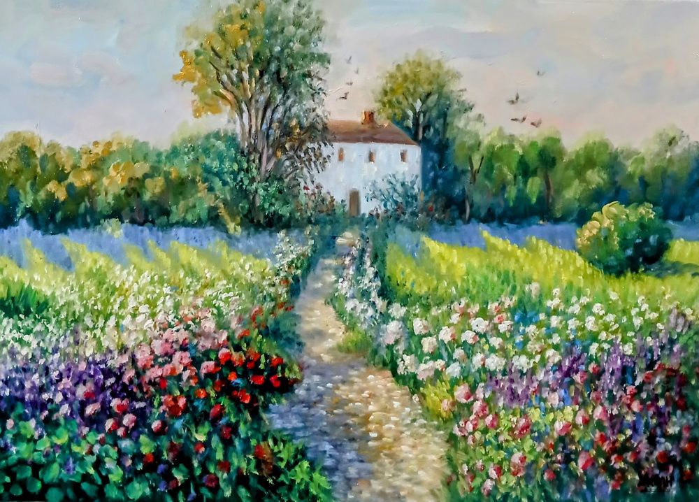 Quadro original "Caminho Florido ao Entardecer" — Paisagens, Óleo sobre tela, 70 x 50 cm, pintado à mão por Marah Silva