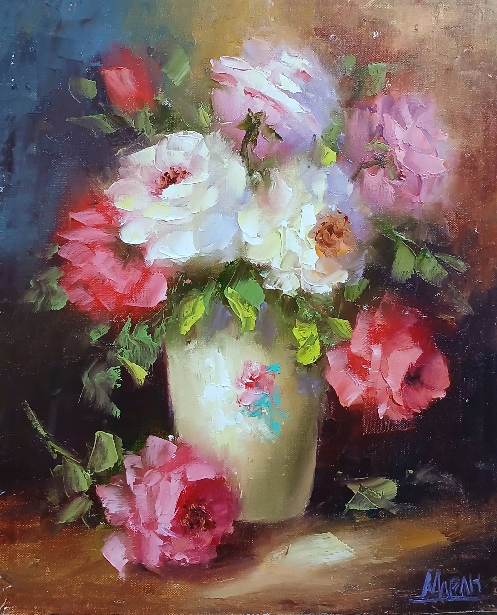 Quadro original "Harmonia Floral Suave" — Florais, Técnica espatulada a óleo, 24 x 30 cm, pintado à mão por Marah Silva