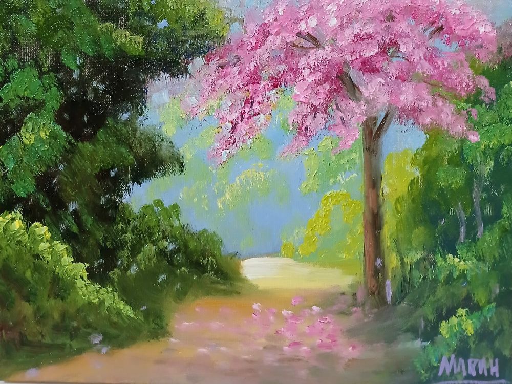Quadro original "Primavera em Silêncio" — Paisagens, Óleo sobre tela, 16 x 24 cm, pintado à mão por Marah Silva