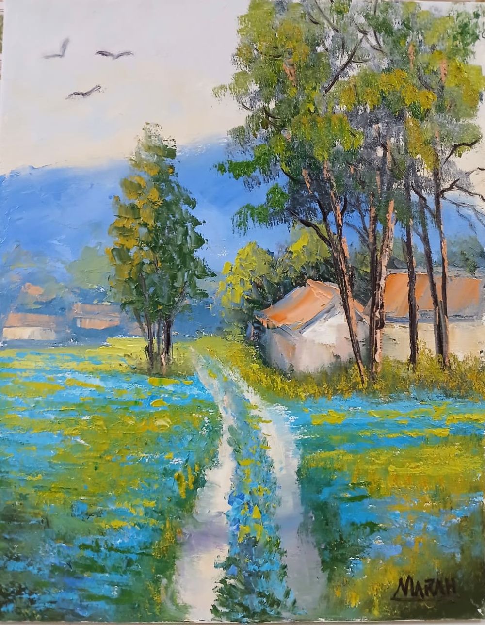 Quadro original "Caminho entre Azuis" — Paisagens, Óleo sobre tela, 24 x 30 cm, pintado à mão por Marah Silva