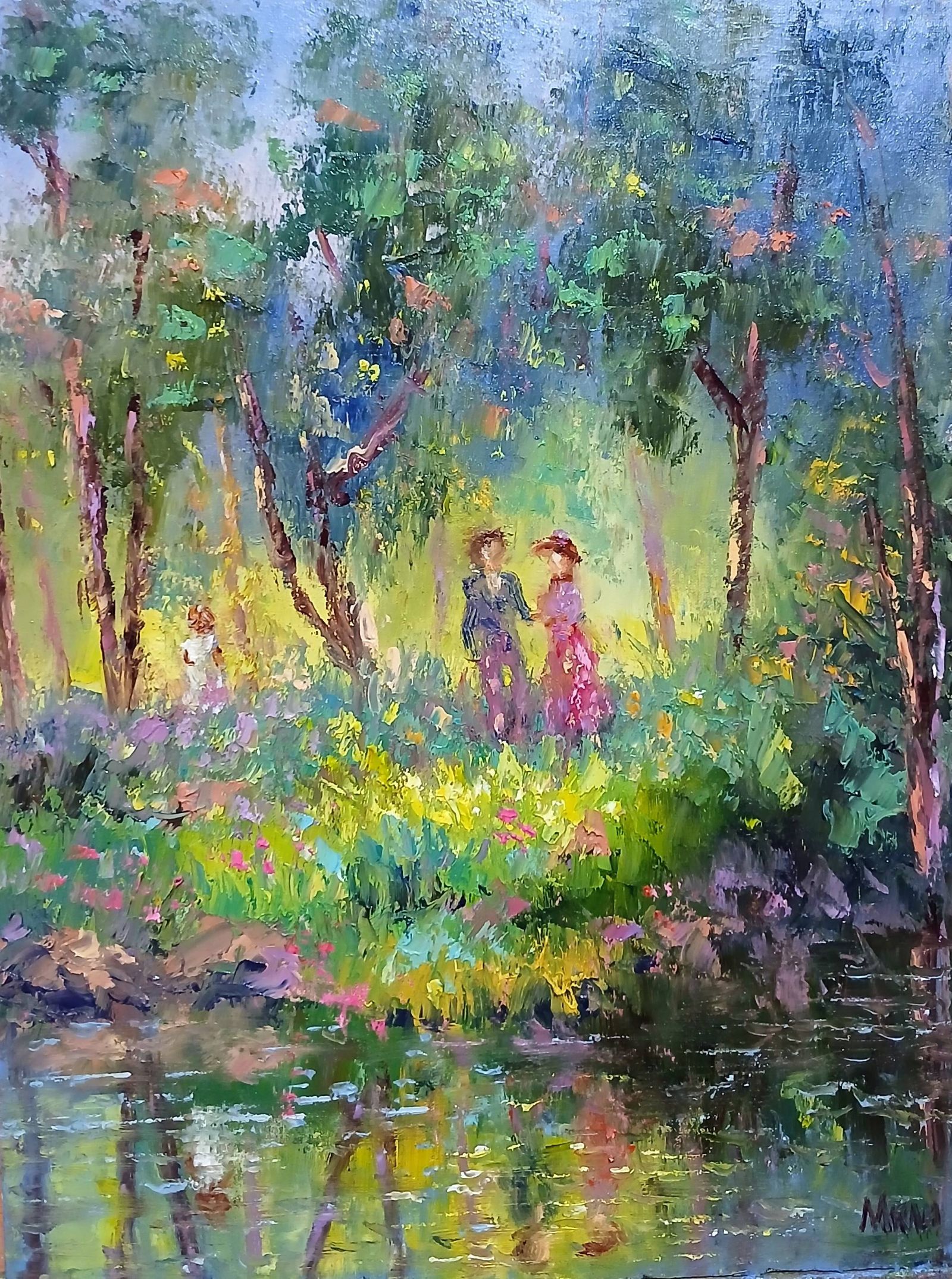 Quadro original "Encontro Sob as Árvores" — Impressionismo, Espatulado a óleo sobre tela, 30 x 40 cm, pintado à mão por Marah Silva