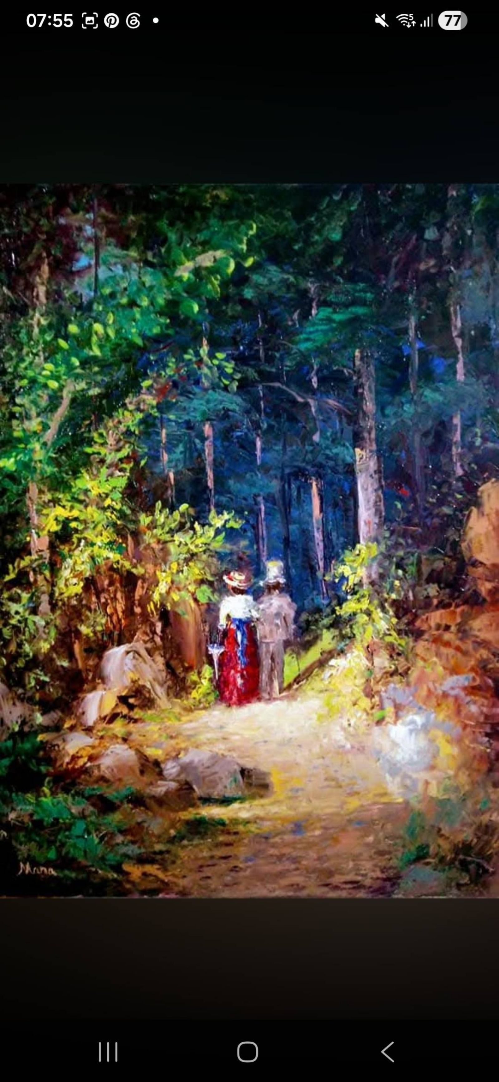 Quadro original "Encontro na Trilha" — Impressionismo, Espatulado a óleo sobre tela, 50 x 70 cm, pintado à mão por Marah Silva