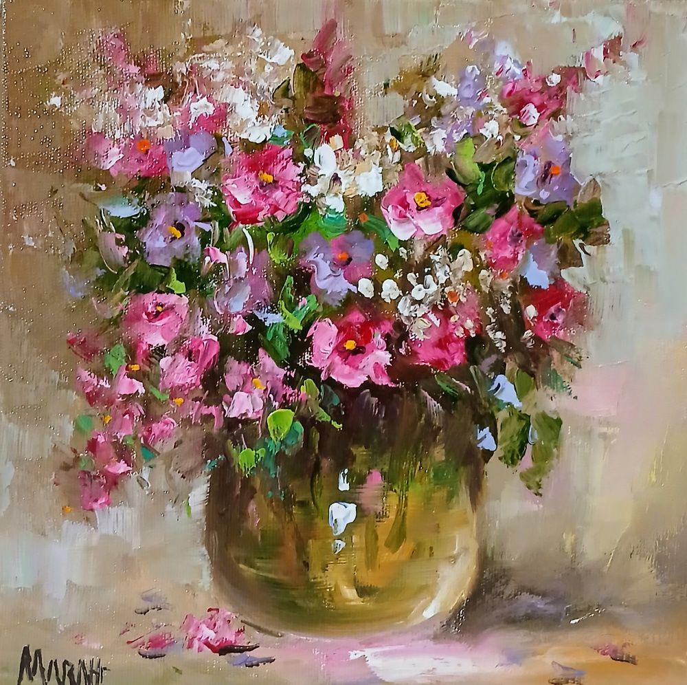 Quadro original "Jardim Romântico" — Florais, Óleo sobre tela, 20 x 20 cm, pintado à mão por Marah Silva