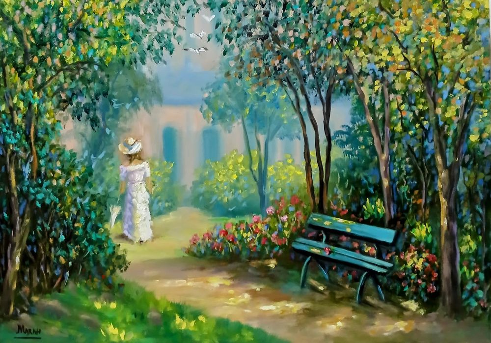 Quadro original "Doce Tarde no Jardim" — Impressionismo, Óleo sobre tela, 70 x 50 cm, pintado à mão por Marah Silva