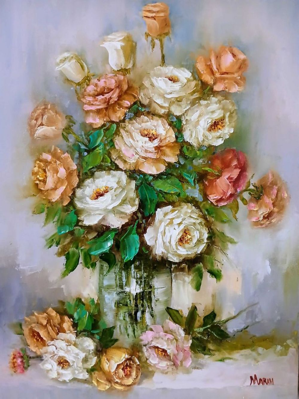 Quadro original "Rosas num vaso de vidro II" — Florais, Óleo sobre tela, 50 x 70 cm, pintado à mão por Marah Silva