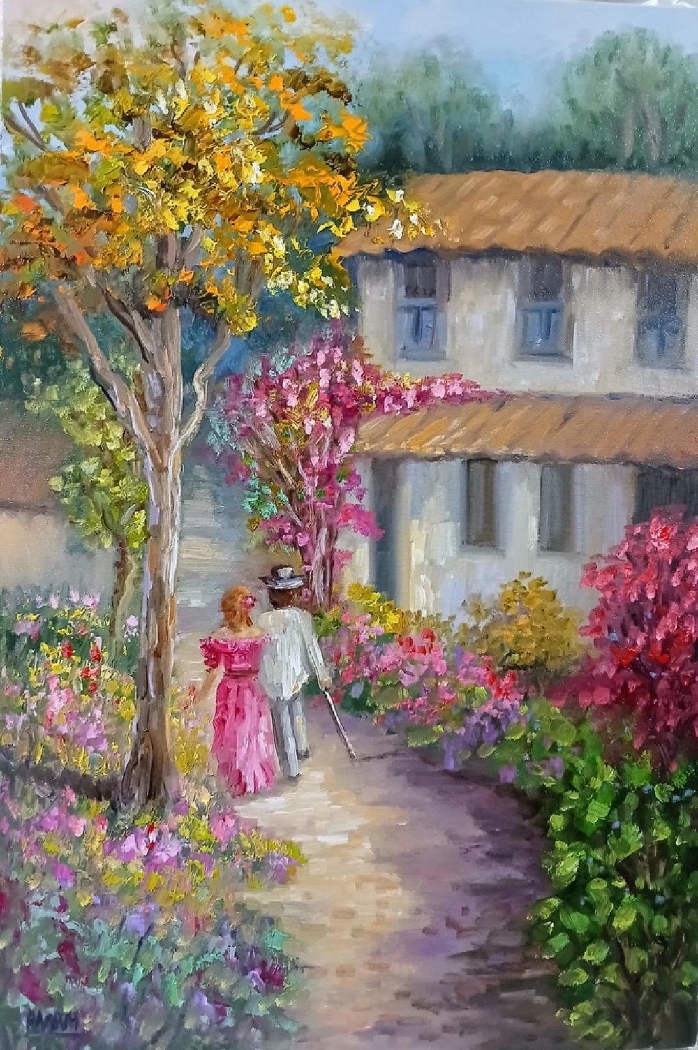 Quadro original "Caminho de Flores e Memórias" — Impressionismo, Óleo sobre tela, 40 x 60 cm, pintado à mão por Marah Silva