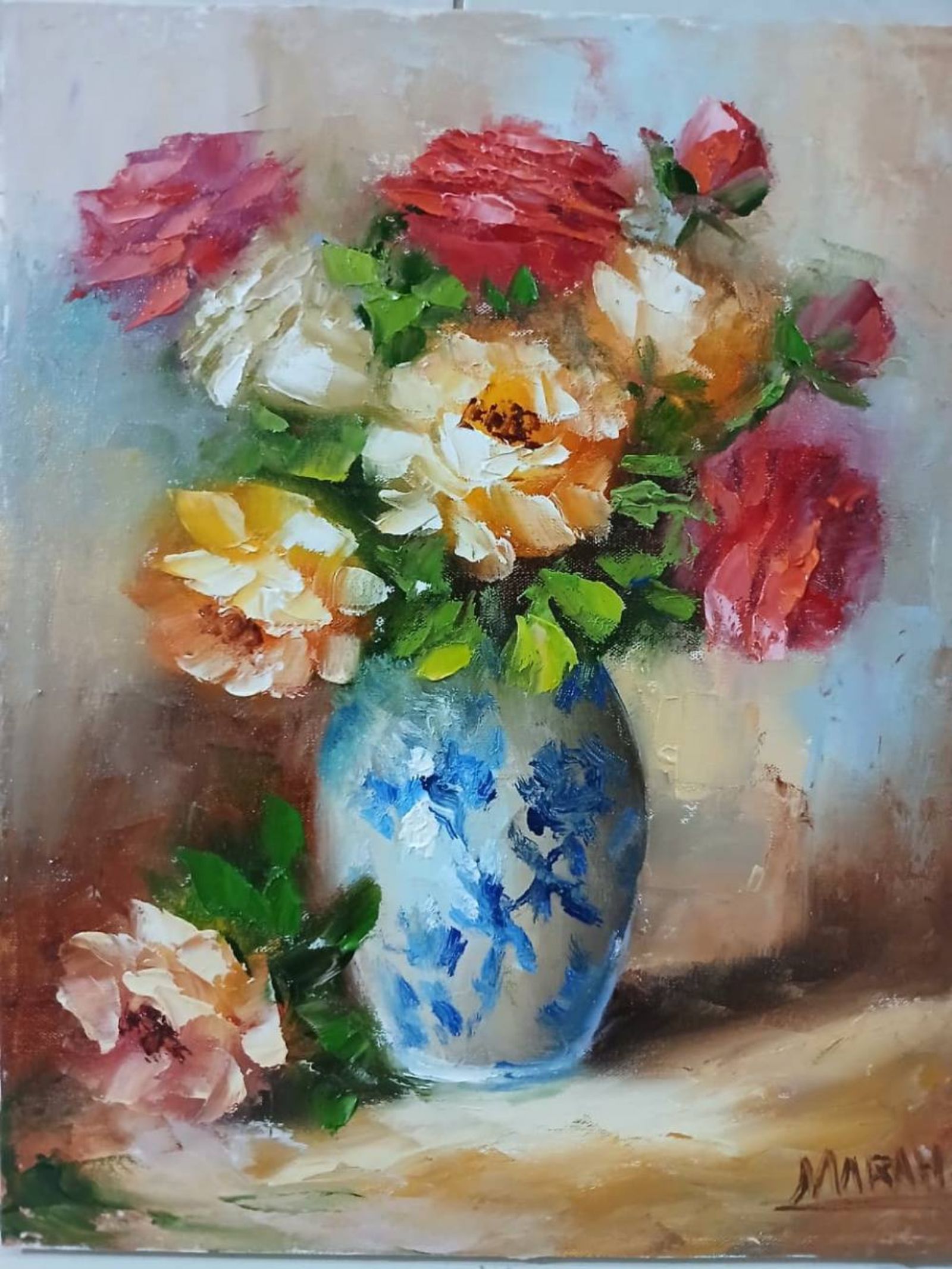 Quadro original "Florescer em Porcelana Azul" — Florais, 24 x 30 cm, pintado à mão por Marah Silva