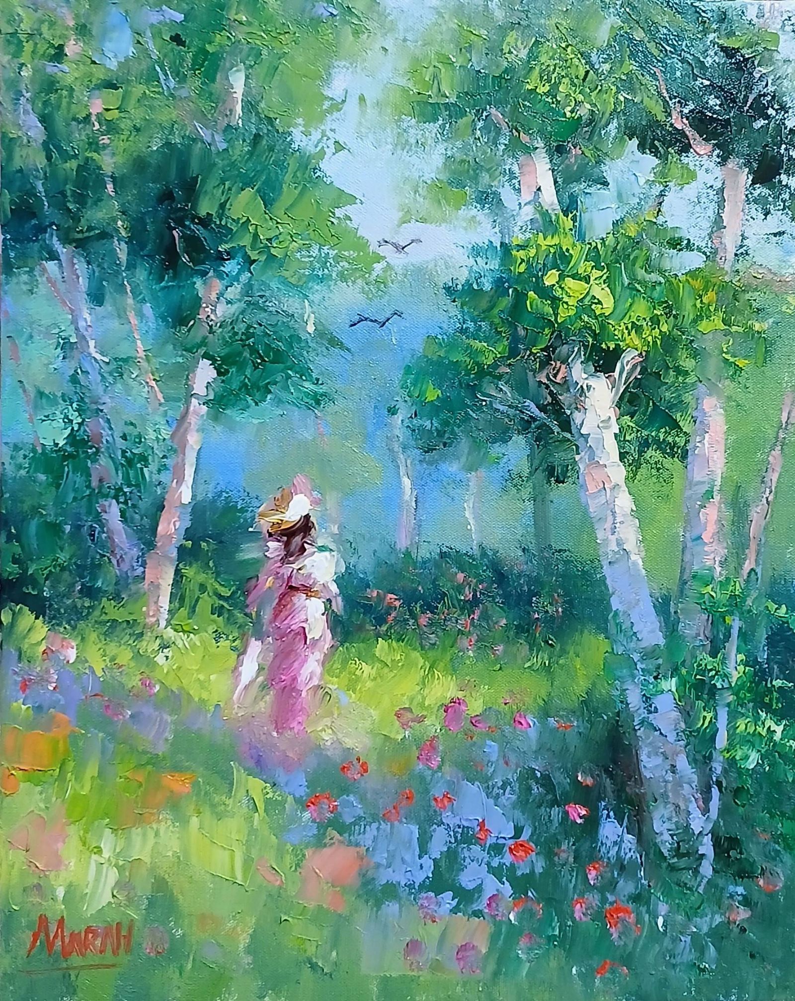 Quadro original "Jardim em Céu Azul" — Impressionismo, Espatulado a óleo sobre tela, 24 x 30 cm, pintado à mão por Marah Silva