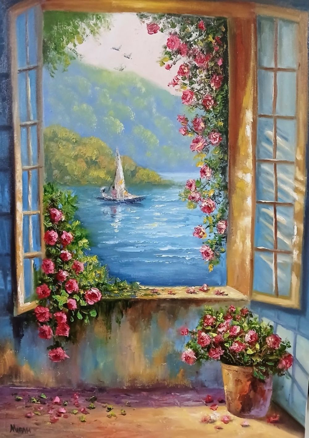 Quadro original "Janela para a Serenidade" — Janelas, Óleo sobre tela, 50 x 70 cm, pintado à mão por Marah Silva