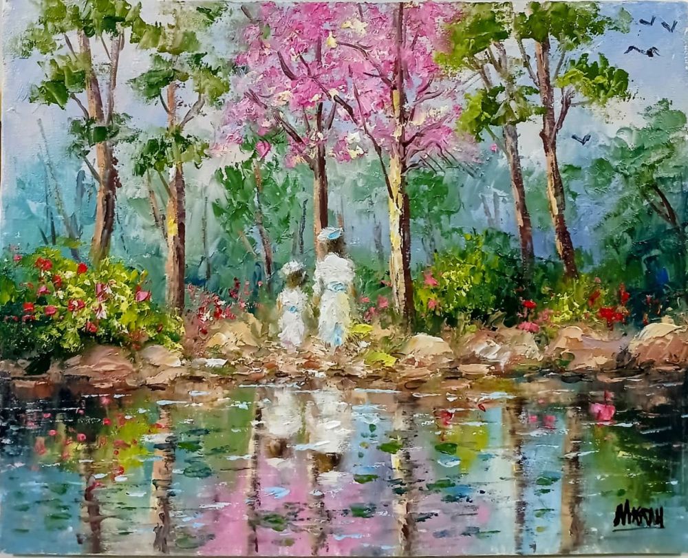 Quadro original "Reflexos de Primavera" — Impressionismo, Óleo sobre tela, 30 x 24 cm, pintado à mão por Marah Silva