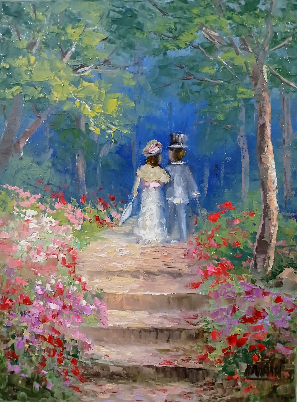 Quadro original "Casal passeando" — Impressionismo, Óleo sobre tela, 30 x 40 cm, pintado à mão por Marah Silva