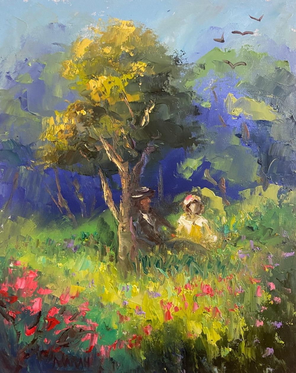 Quadro original "Sombra e Flores" — Impressionismo, Óleo sobre tela, 24 x 30 cm, pintado à mão por Marah Silva