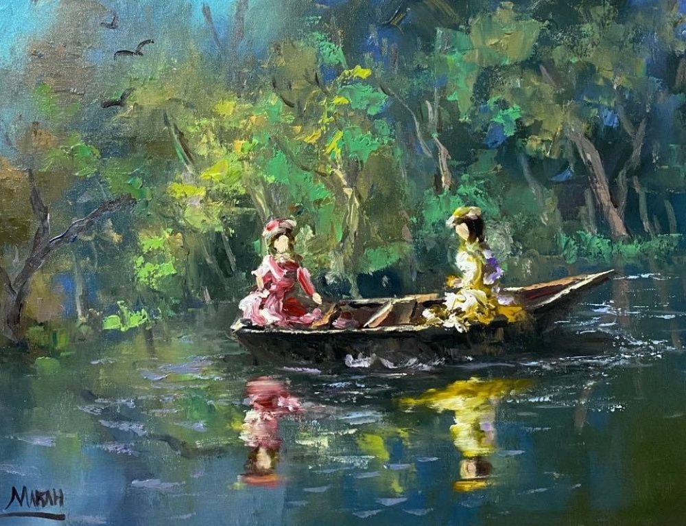 Quadro original "Serenata aquática" — Impressionismo, Óleo sobre tela, 40 x 30 cm, pintado à mão por Marah Silva