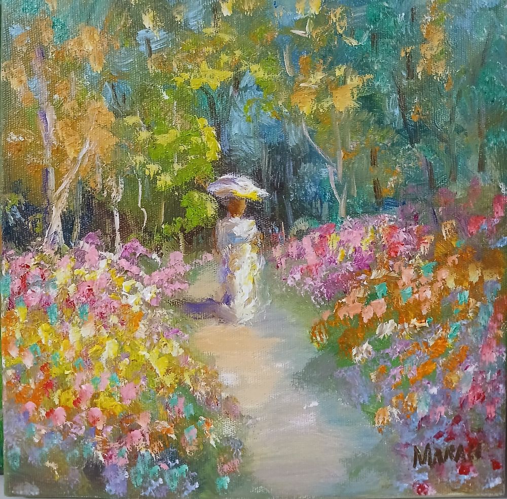 Quadro original "Entre Flores e Silêncios" — Impressionismo, Óleo sobre tela, 20 x 20 cm, pintado à mão por Marah Silva