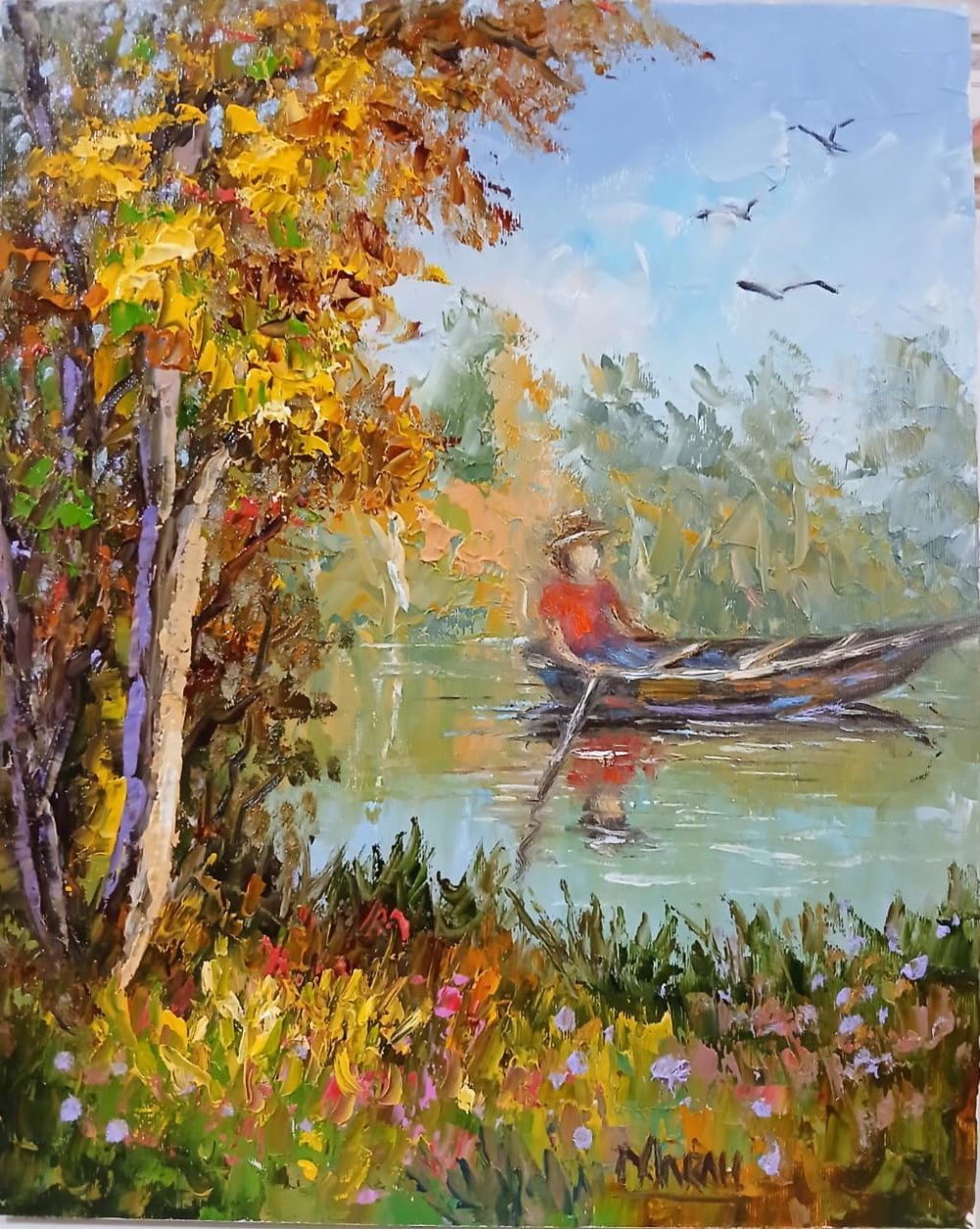 Quadro original "Silêncio do Lago" — Impressionismo, Óleo sobre tela, 24 x 30 cm, pintado à mão por Marah Silva
