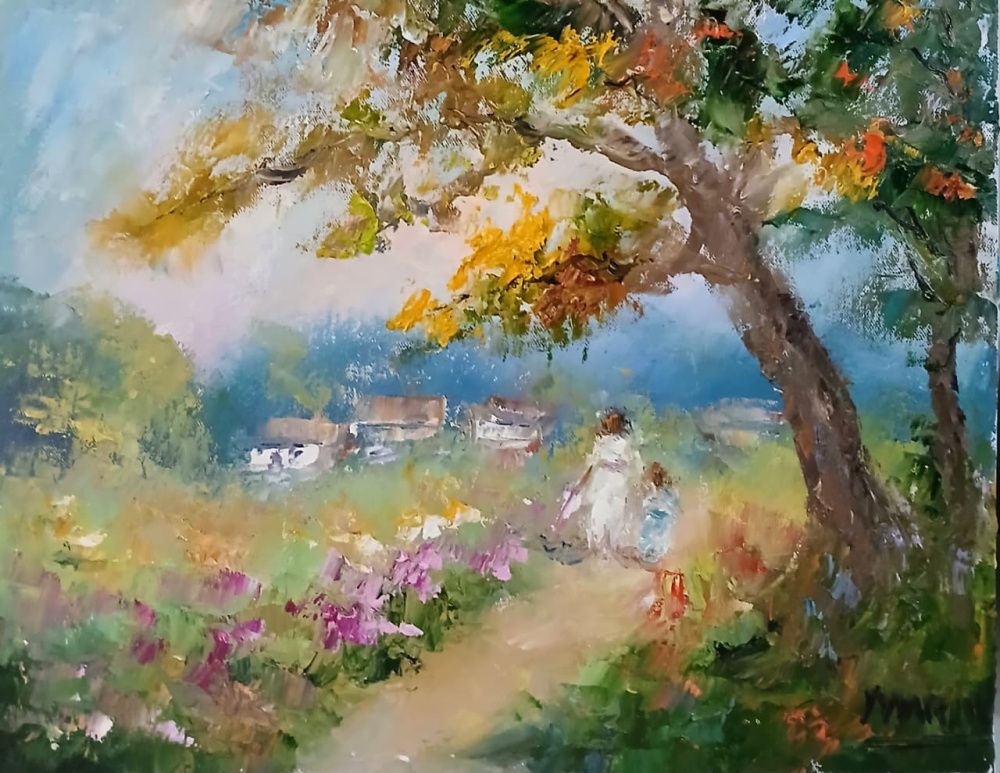 Quadro original "Tarde de Verão" — Impressionismo, Óleo sobre tela, 30 x 24 cm, pintado à mão por Marah Silva