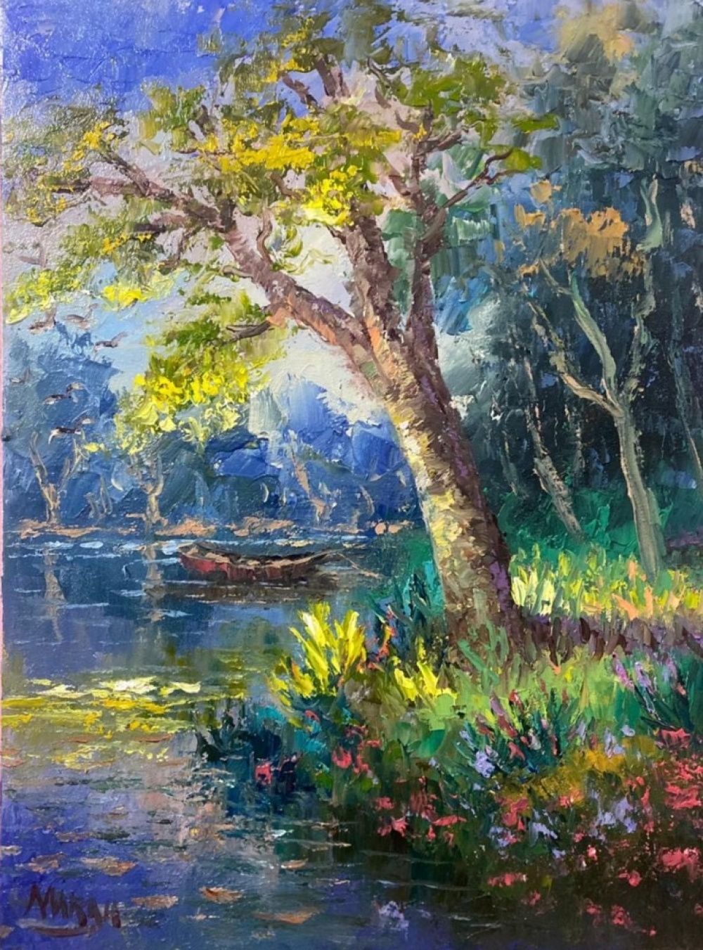 Quadro original "Barco à Espera" — Impressionismo, Óleo sobre tela, 30 x 40 cm, pintado à mão por Marah Silva