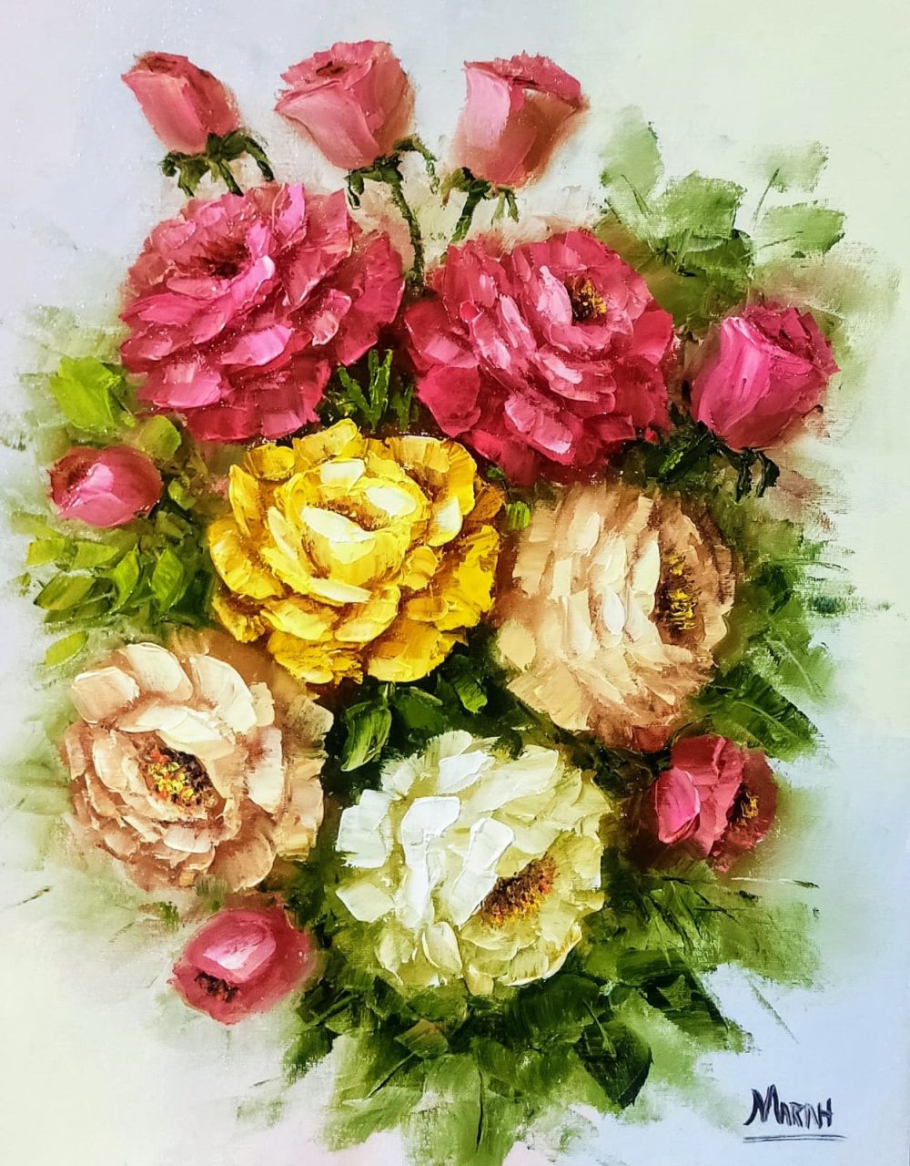 Quadro original "Rosas Coloridas II" — Florais, Óleo sobre tela, 40 x 50 cm, pintado à mão por Marah Silva
