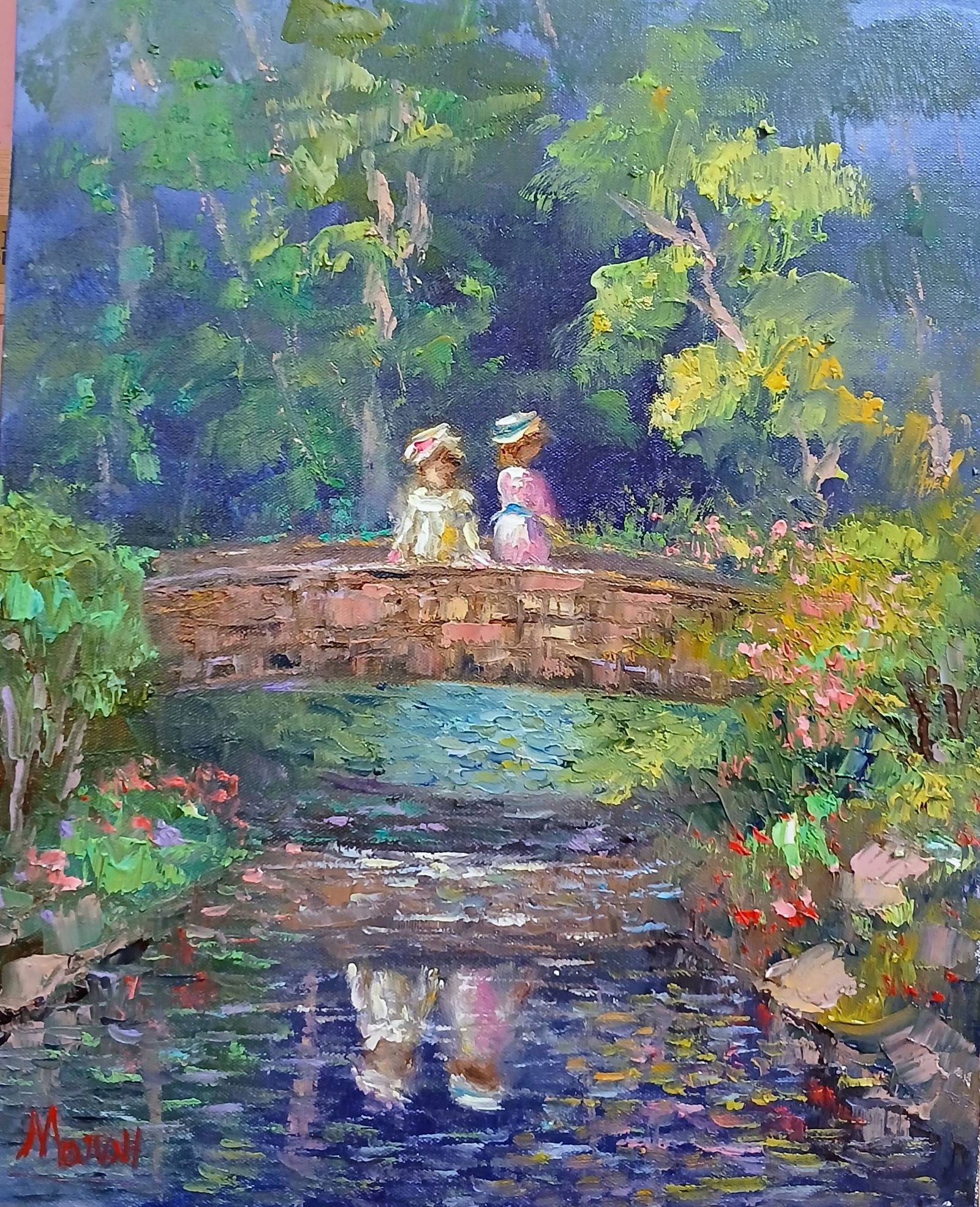 Quadro original "Ponte de Sonhos Floridos" — Impressionismo, Espatulado a óleo sobre tela, 24 x 30 cm, pintado à mão por Marah Silva