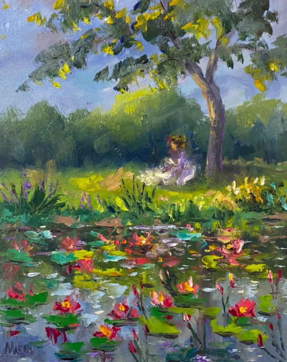 Quadro original "Jardim de Sonhos Aquáticos" — Impressionismo, Óleo sobre tela, 24 x 30 cm, pintado à mão por Marah Silva