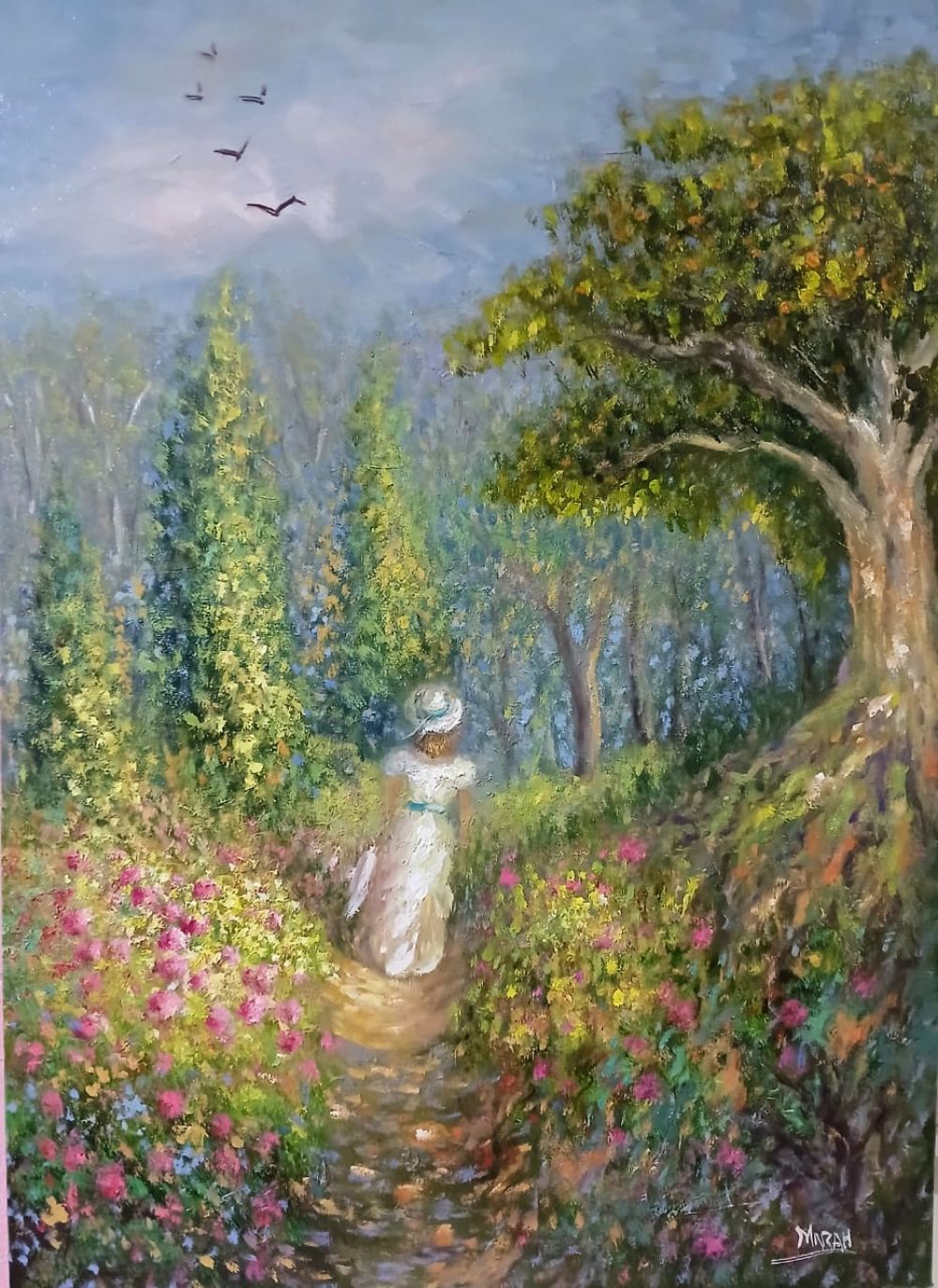Quadro original "Caminho para a Manhã Serena" — Impressionismo, Óleo sobre tela, 50 x 70 cm, pintado à mão por Marah Silva