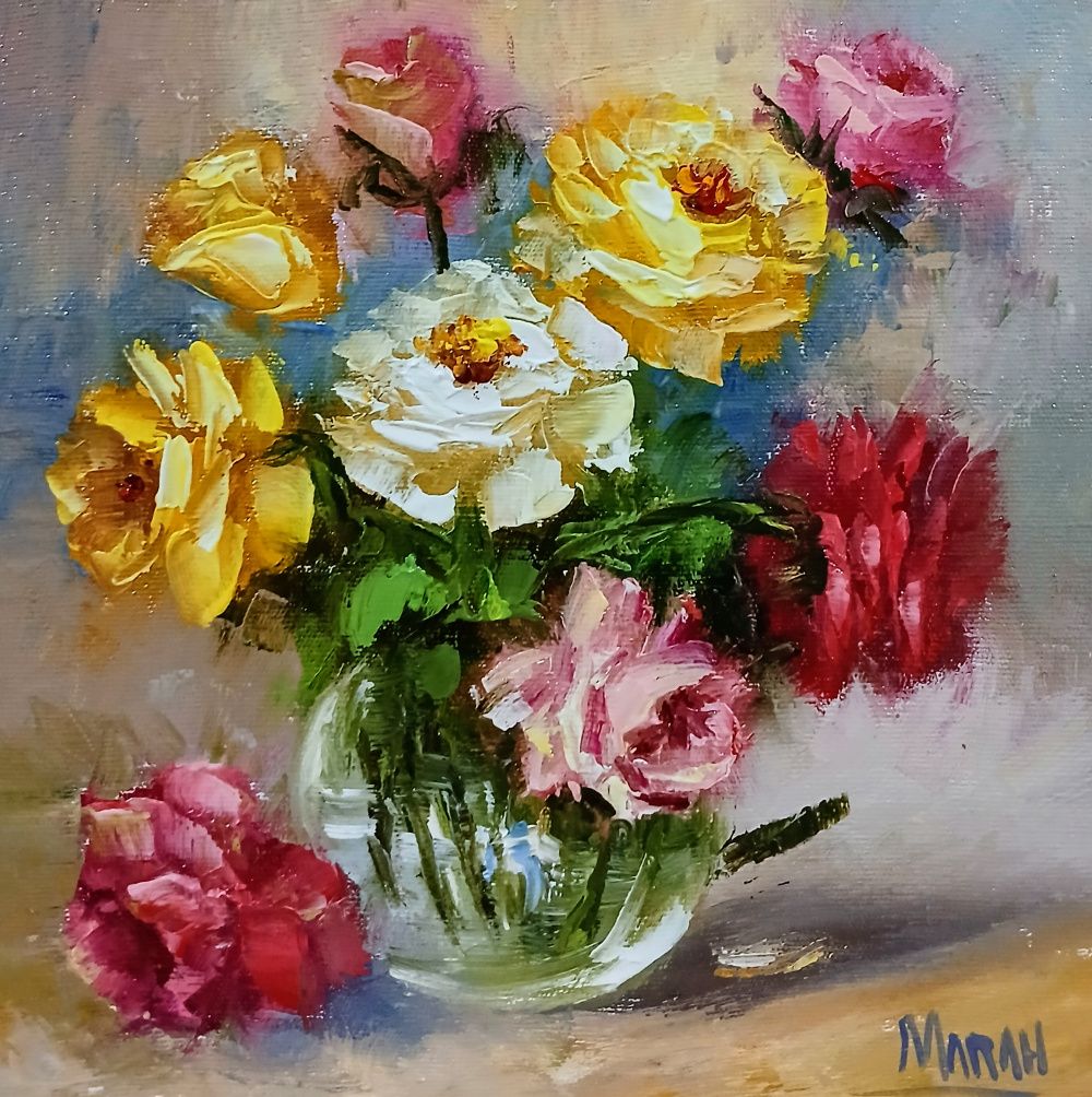Quadro original "Jardim Vivo" — Florais, Óleo sobre tela, 20 x 20 cm, pintado à mão por Marah Silva
