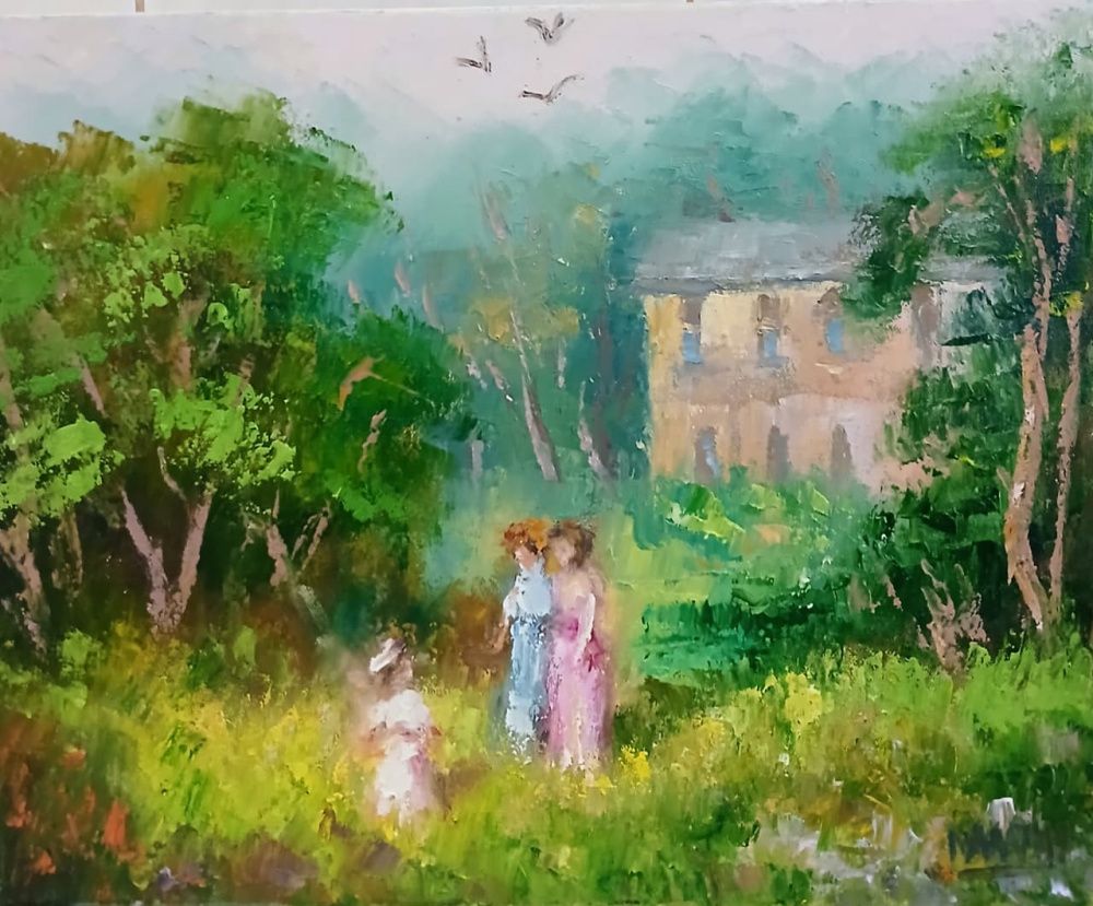 Quadro original "Passeio no Jardim" — Impressionismo, Óleo sobre tela, 30 x 24 cm, pintado à mão por Marah Silva