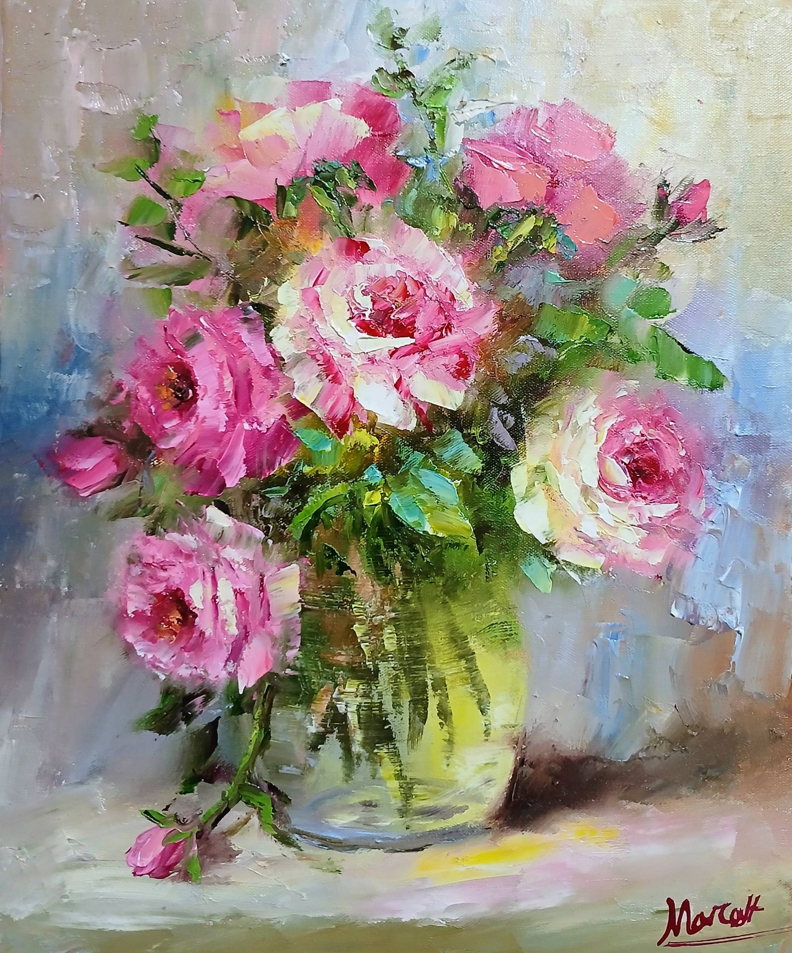 Quadro original "Harmonia em Tons de Rosa" — Florais, Espatulado a óleo sobre tela, 24 x 30 cm, pintado à mão por Marah Silva