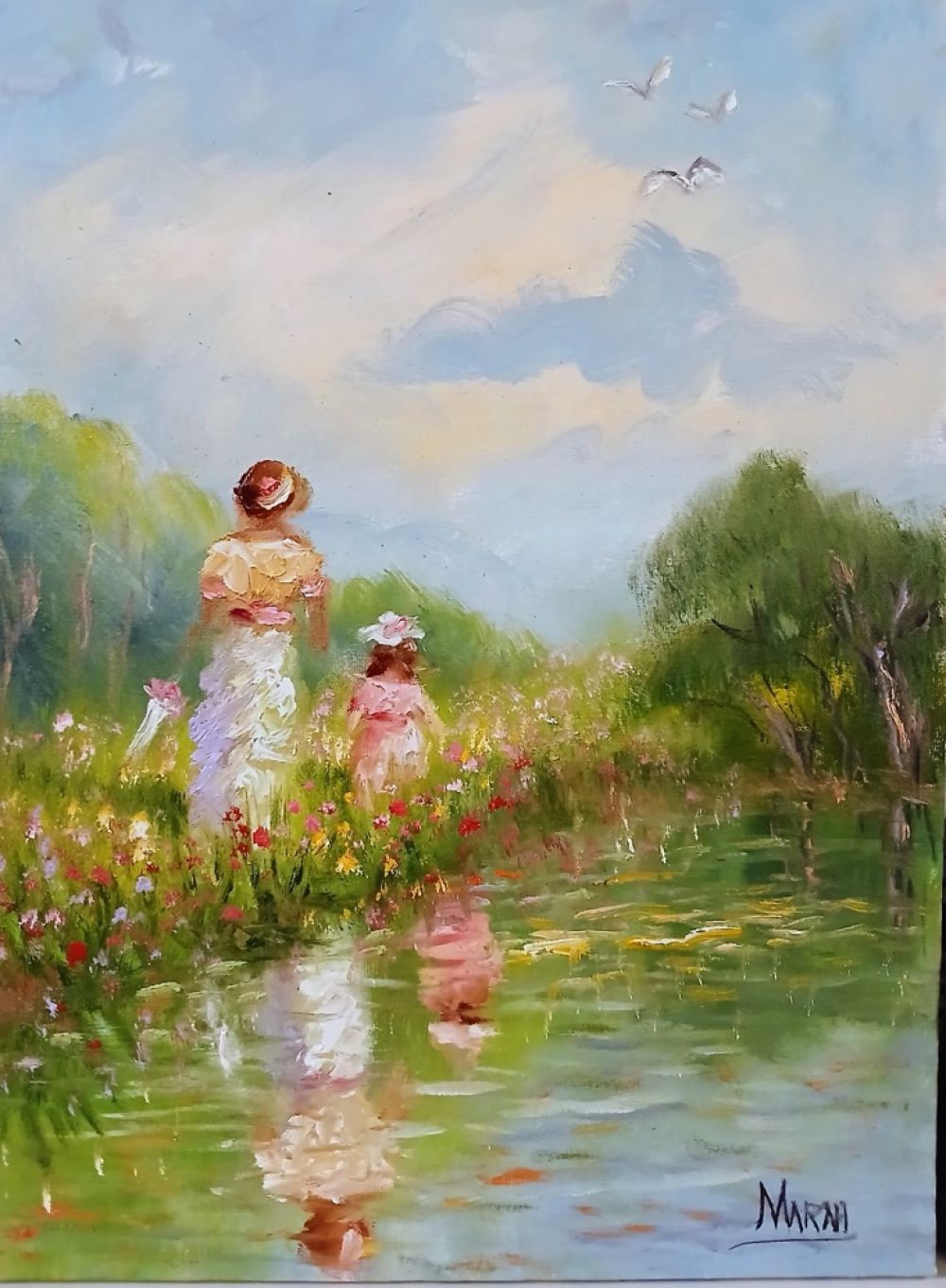 Quadro original "Mãe e filha à beira do lago" — Impressionismo, Óleo sobre tela, 30 x 40 cm, pintado à mão por Marah Silva