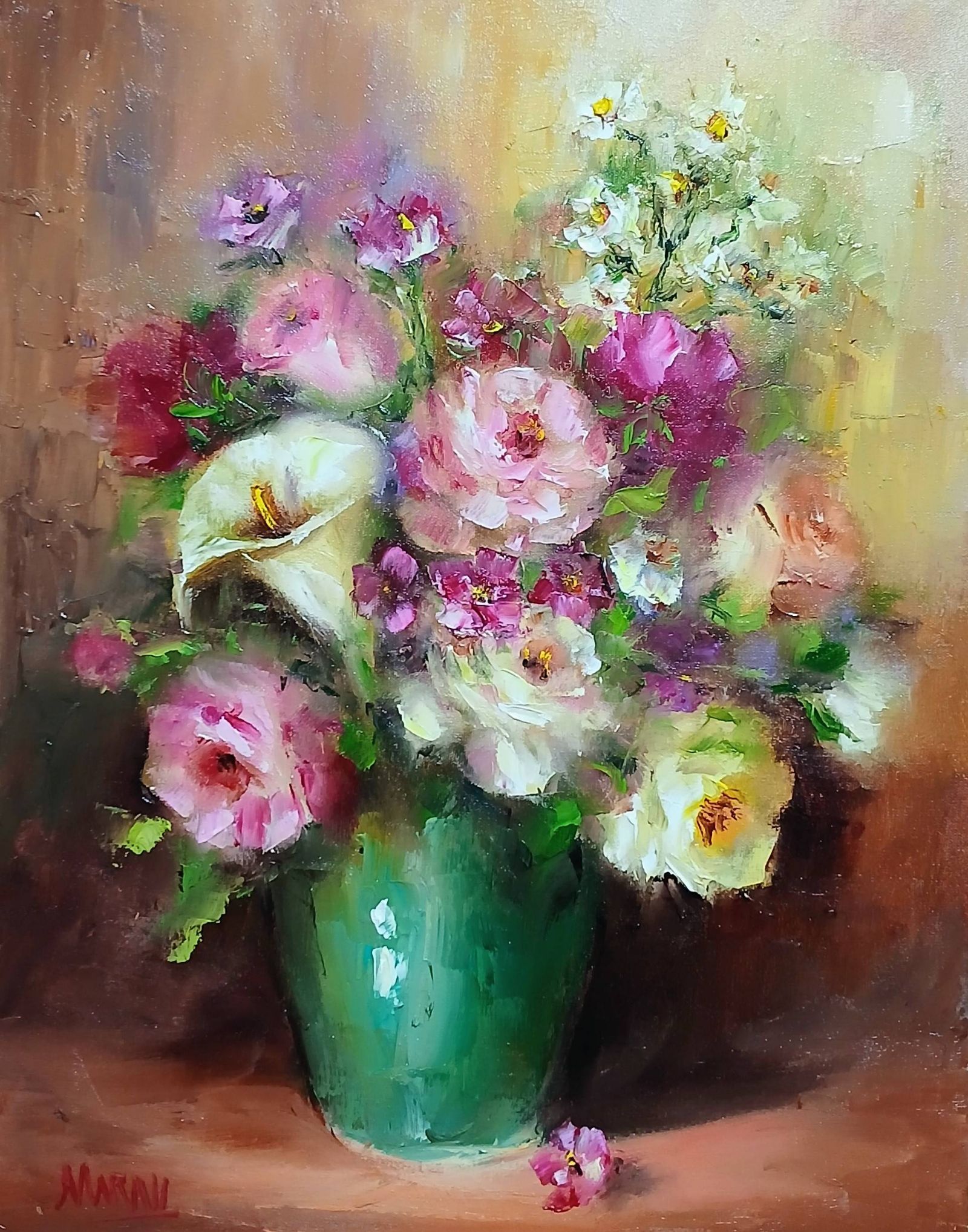 Quadro original "Harmonia em Pétalas Rosadas" — Florais, Espatulado a óleo sobre tela, 30 x 40 cm, pintado à mão por Marah Silva