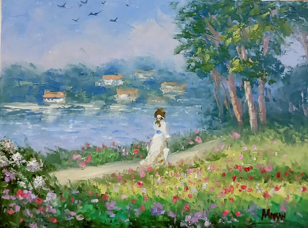 Quadro original "Caminho florido" — Impressionismo, Óleo sobre tela, 40 x 30 cm, pintado à mão por Marah Silva