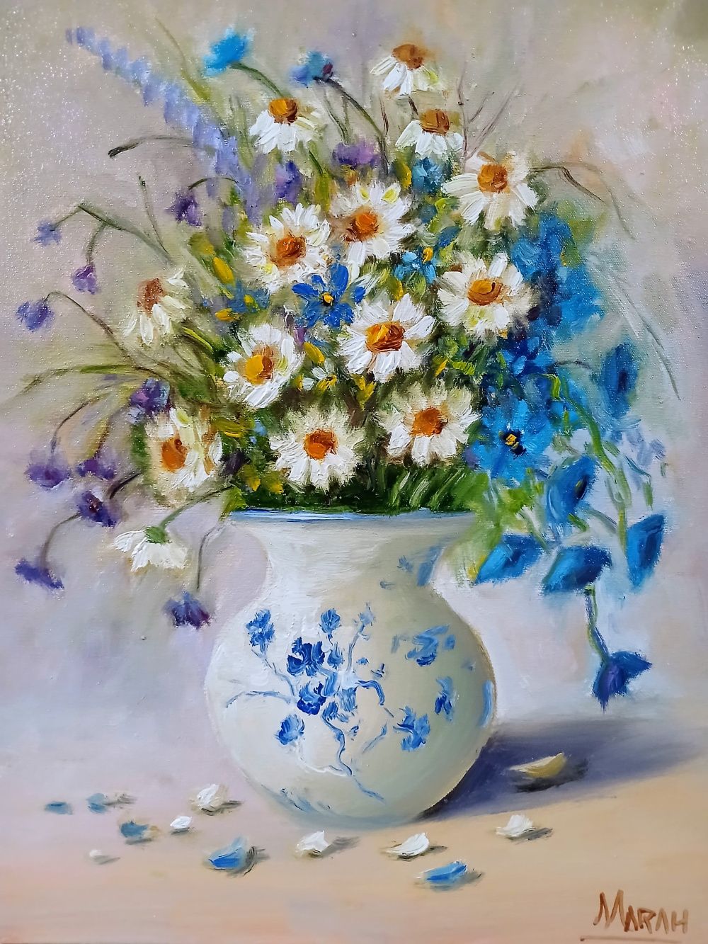Quadro original "Flores do Campo em Porcelana" — Florais, Óleo sobre tela, 30 x 40 cm, pintado à mão por Marah Silva