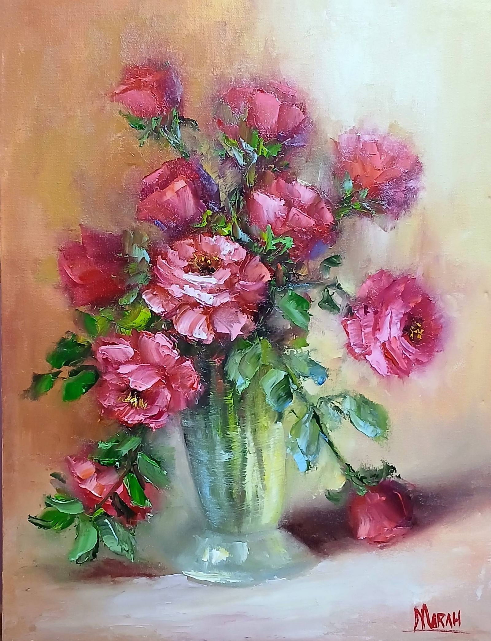 Quadro original "Pétalas em Tons de Rubi" — Florais, Espatulado a óleo sobre tela, 30 x 40 cm, pintado à mão por Marah Silva
